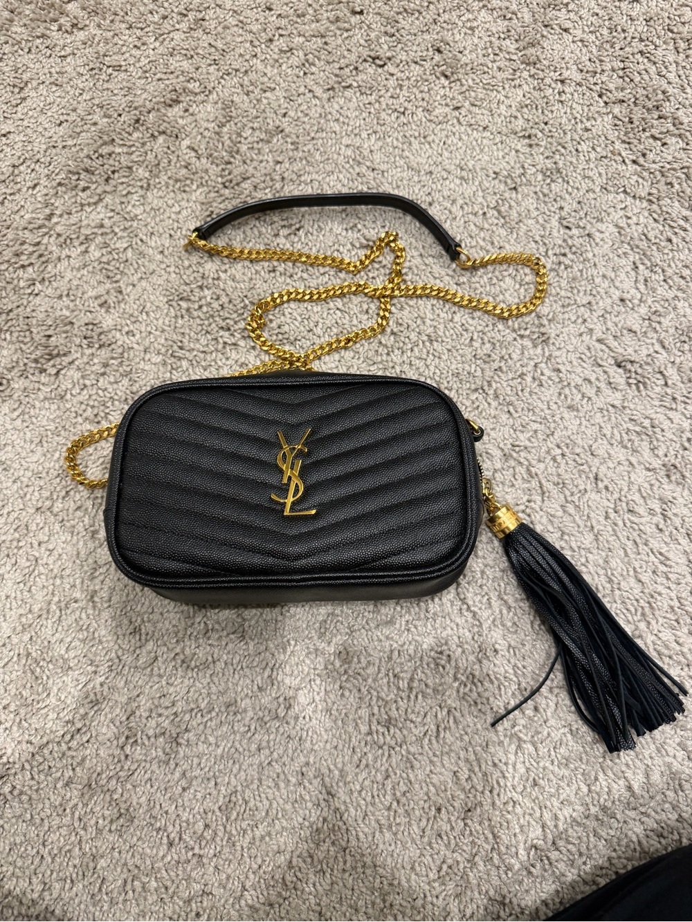 Saint Laurent Black Quilted Leather Camera Bag with Gold Hardware and Tassel